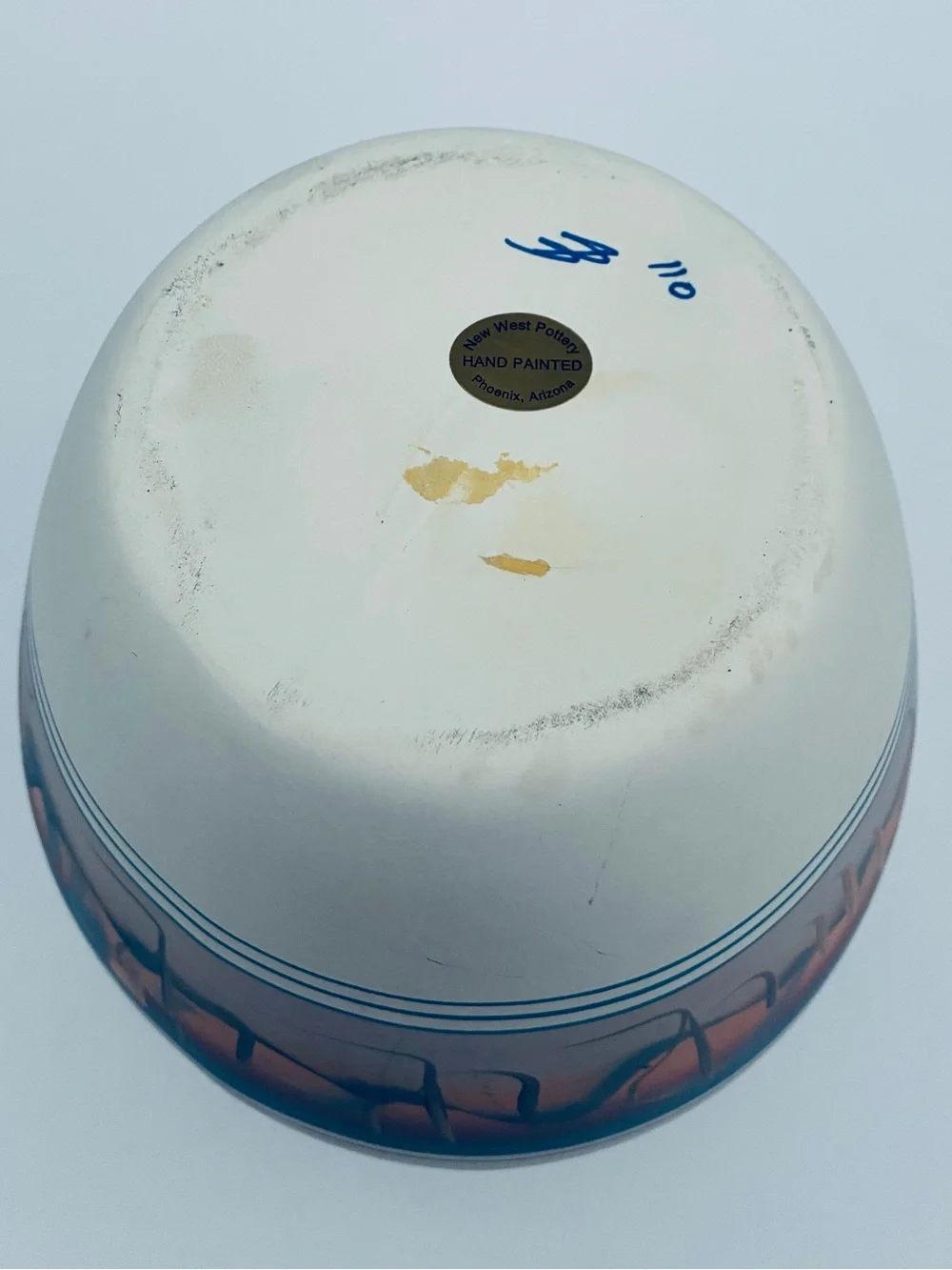 Vintage New West Pottery Hand-painted Vase Southwestern Desert Sunset Blue Rim